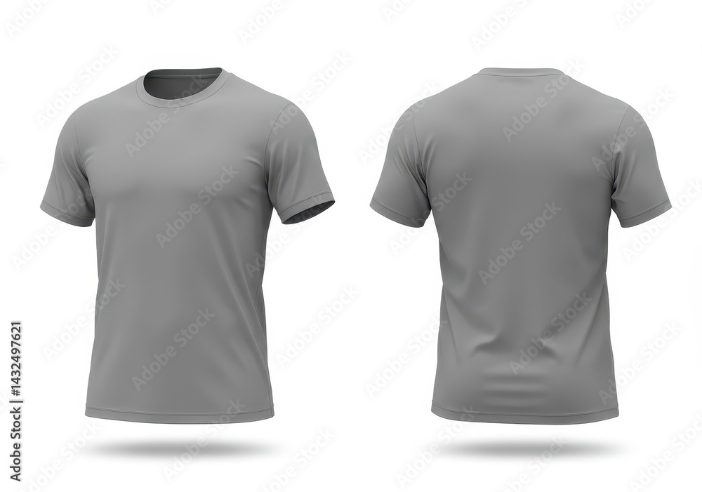 Poster front and back view of a gray t-shirt on a white background, showcasing its design and style in a si