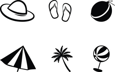 Modern and stylish collection of fun summer themed icons silhouette vector art, collection of fun summer themed icons line art vector design set