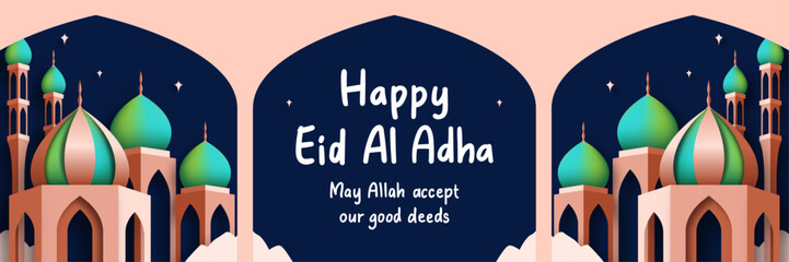Happy eid al adha vector banner poster with mosque illustration