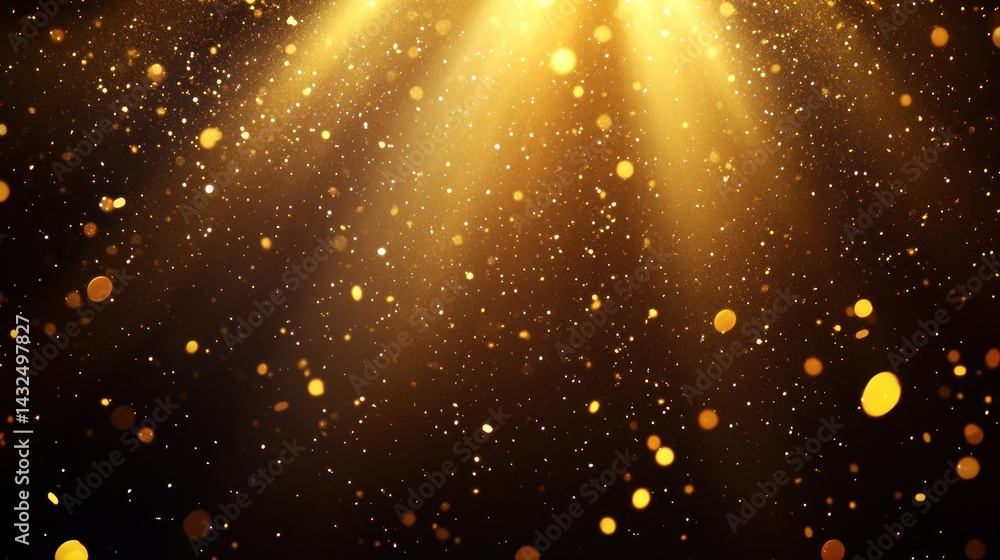 Poster a stunning display of radiant golden light cascading down through a dark background filled with coun