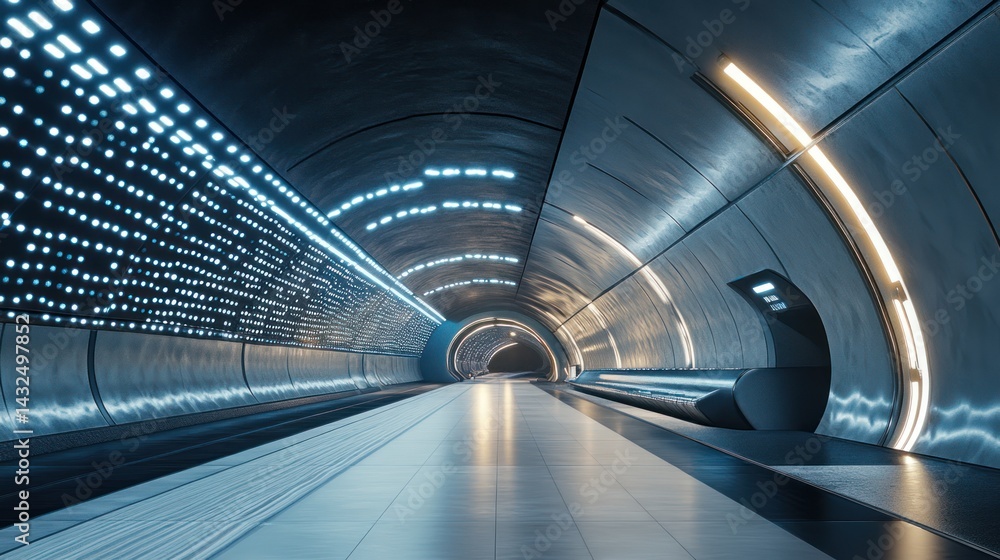 Poster futuristic subway tunnel with gleaming lights and modern architecture