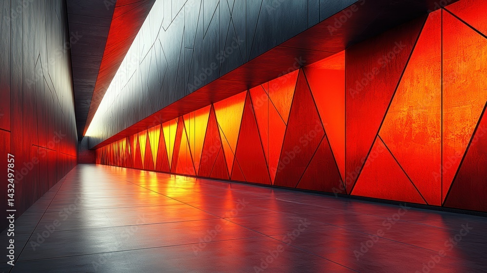 Poster abstract architecture: glowing red and orange triangles in a modern corridor