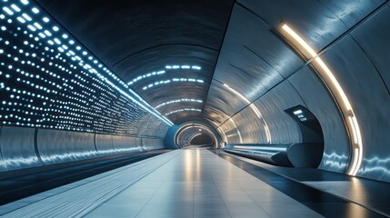 Futuristic subway tunnel with gleaming lights and modern architecture