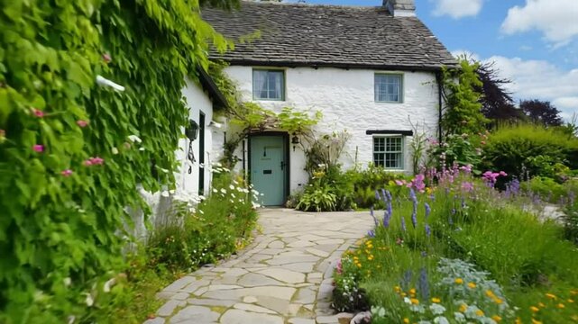 tracking shot along cobblestone path toward cottage entrance, birds fluttering nearby, soft wind through flowers, distant wind chime ambiance 