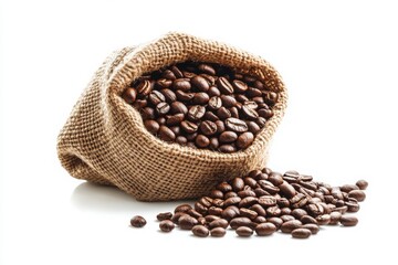 Fototapeta premium Brown roasted coffee beans in a burlap sack offer a dark, rich aroma