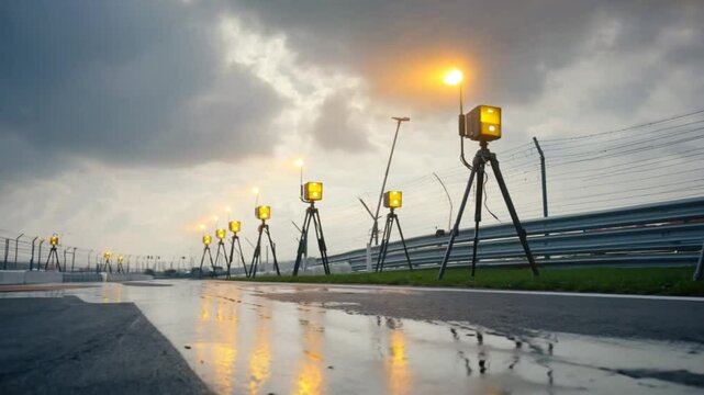 Lateral pan across the sensor array as it scans the track surface and ambient weather Distant rumble of cars, light drizzle falling, sensors blinking and rotating with motorized precision 