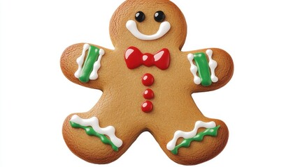 festive gingerbread man cookie decorated with icing standing cheerfully against a pristine white background evoking holiday cheer and sweet indulgences with detailed frosting