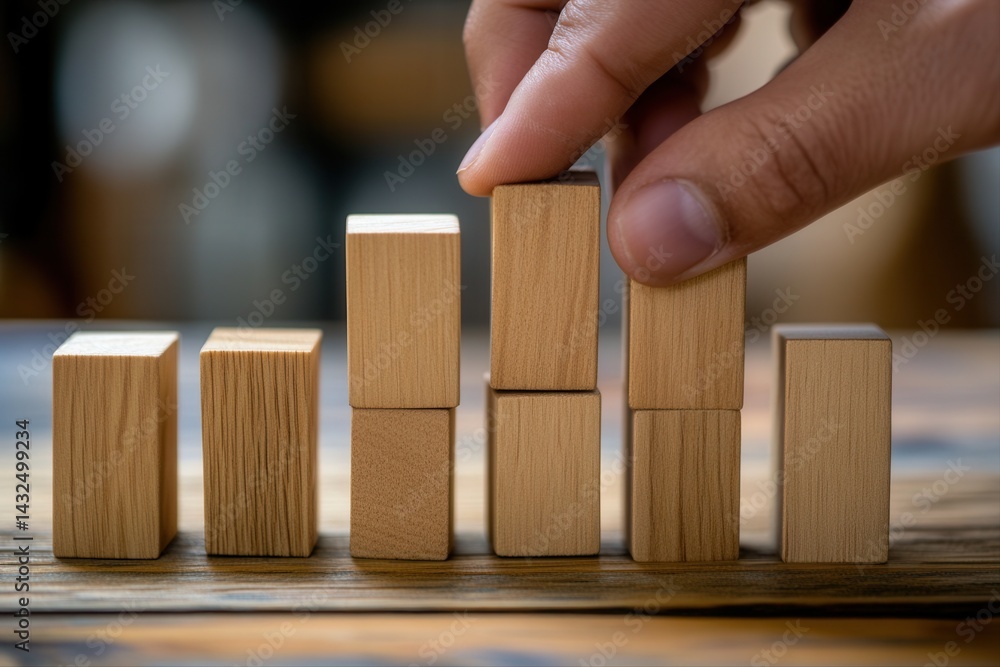 Aufkleber hand arranging wooden blocks in a creative pattern on a rustic table, showcasing focus and skill