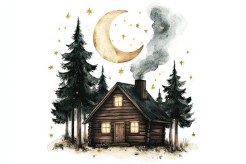 A cozy cabin in the woods, smoke curling from the chimney under a crescent moon, soft trees and glowing stars, watercolor design