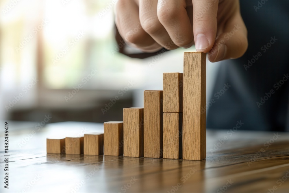 Aufkleber hand arranging wooden blocks in a rising bar graph pattern on a wooden table