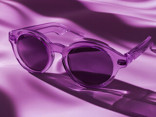 A close-up of stylish transparent purple sunglasses set against a smooth monochrome background, featuring sleek designs and vibrant colors.