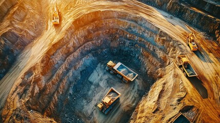 Aerial view of a mining site with heavy machinery and excavation activities.