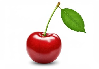 A single red cherry with a green leaf and stem isolated on a white background in a close-up shot