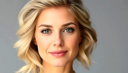 Naklejka premium Close-up portrait of a beautiful young blonde woman with captivating green eyes and a gentle smile, showcasing flawless skin and radiant beauty.