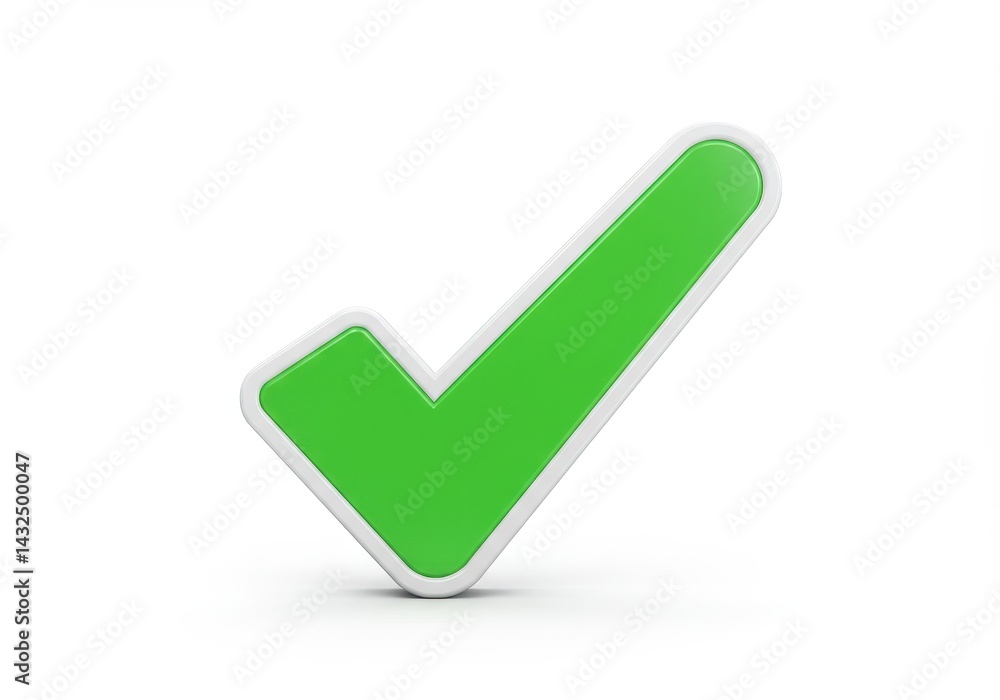 Poster green check mark with white border against a clean white background in a three dimensional rendering