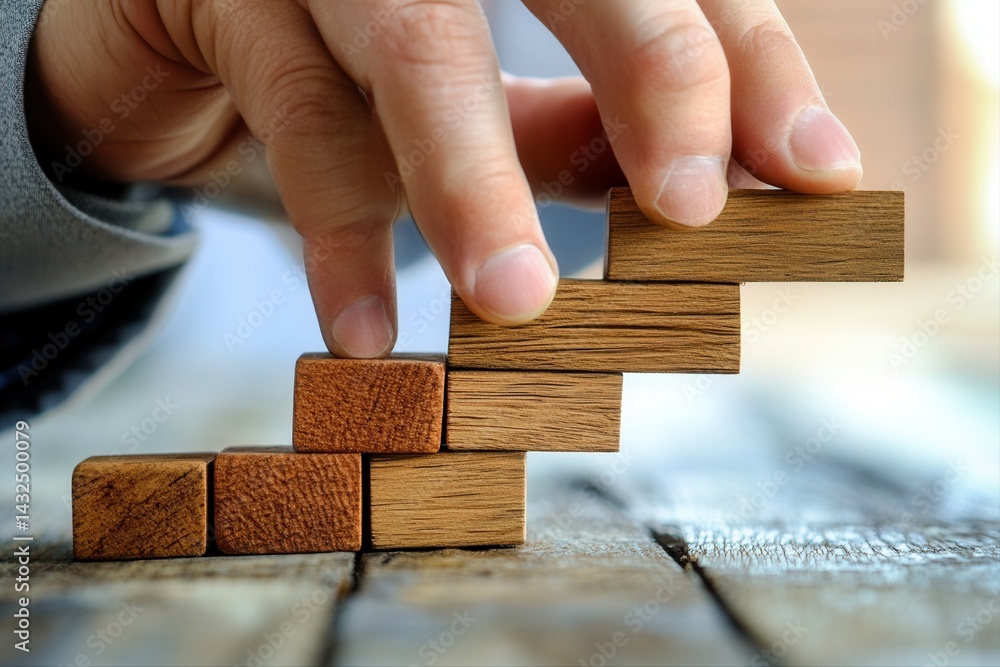 Aufkleber hand arranging wooden blocks into a staircase pattern on a rustic wooden table