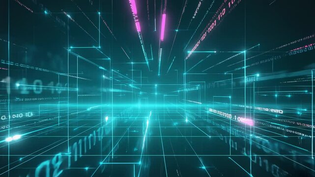 Abstract digital space with binary code and glowing grid lines
