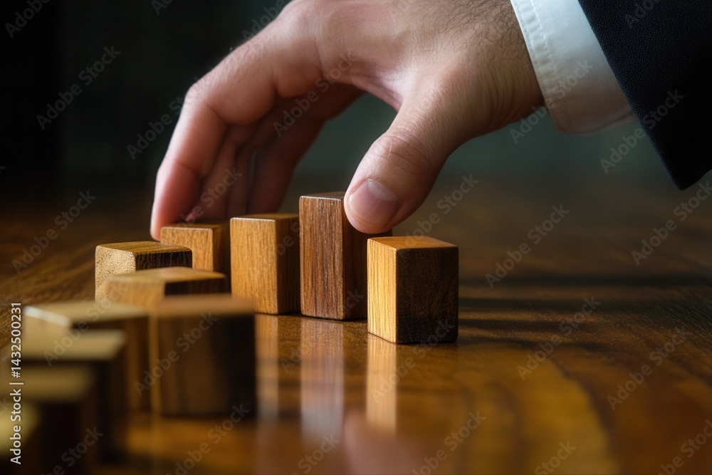 Poster hand arranging wooden blocks on a polished surface, showcasing focus and precision in a serene setti