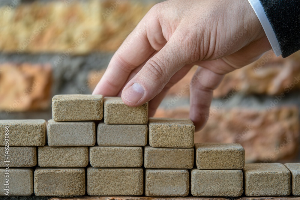 Poster hand carefully stacking small bricks to build a structure against a textured wall