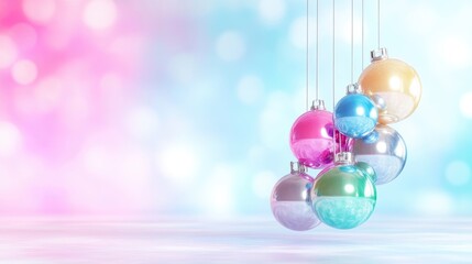 Obraz premium Festive Christmas ornaments in pastel colors. Soft bokeh background