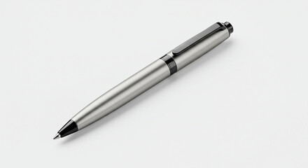 A close up shot of a silver pen with a black clip laying on a white surface in a studio setting