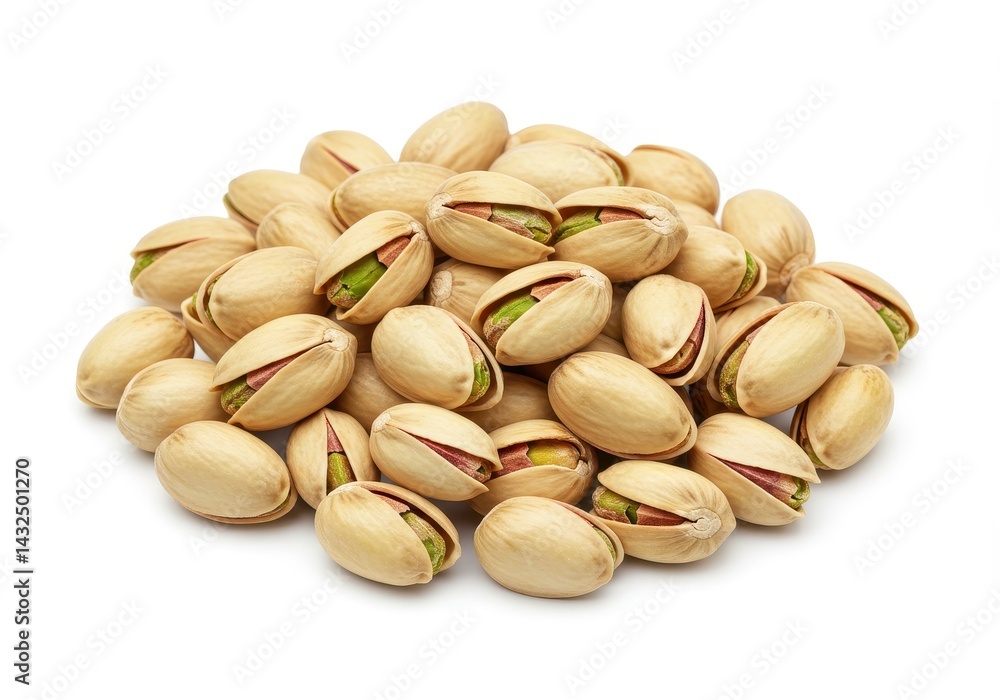 Poster pile of pistachio nuts with open shells and green kernels on a white surface, ready to eat