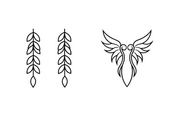 Minimalist Outlined Botanical Elements With Hanging Leaves And Winged Design On White