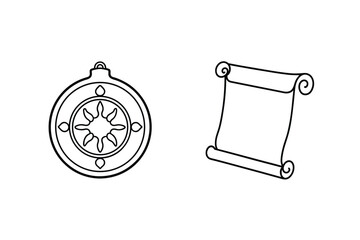 Ancient Compass And Scroll In Simple Black And White Outline Style