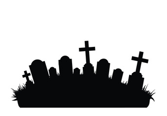 Graveyard silhouette. This image shows a graveyard with various tombstones and crosses in silhouette form, creating a spooky and eerie atmosphere. Vector clipart illustration design.