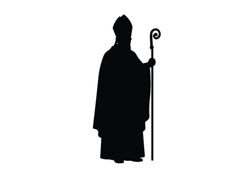 Bishop silhouette. This image shows a black silhouette of a bishop holding a staff, wearing a robe and mitre, representing a religious figure in Christianity. Vector clipart illustration design.