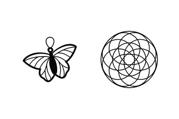 Butterfly And Geometric Circle Design Black Line Simple Isolated Art