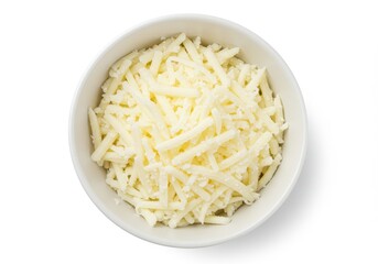 Overhead view of a bowl filled with shredded mozzarella cheese on a white background