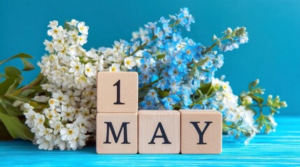 May 1st Image of may 1 wooden color calendar on blue background 