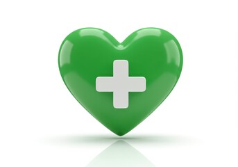 Obraz premium Green heart with a white plus sign in the center on a white background, symbolizing health and wellness