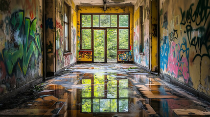 Fototapeta premium Abandoned hallway with graffiti-covered walls, broken tiles, and reflections in puddles, leading to green forest view.
