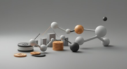 Obraz premium Abstract 3D Render Interconnected Spheres, Coins, and Bars Representing Financial Market Dynamics and Global Economic Trends