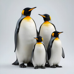 Fototapeta premium Emperor Penguin Family Portrait – Group of Four Penguins Standing Together on Neutral Background