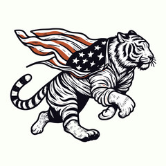 Obraz premium tiger wear american flag running. Funny Animal Vector Clip art. Feline clothing patriotic banner sprint workout.
