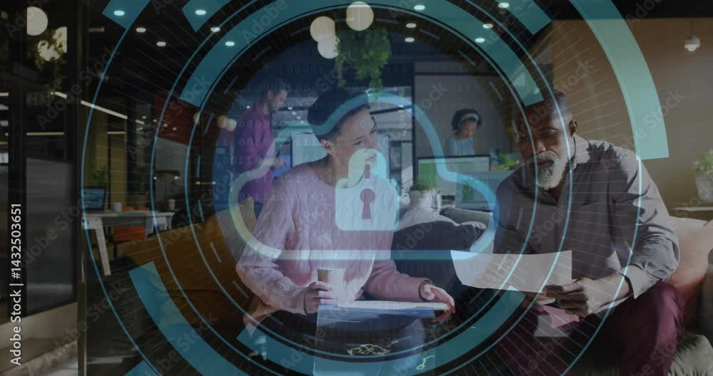 Poster two colleagues reviewing documents in office lounge, using cloud security interface graphics