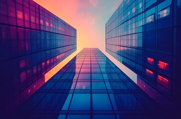 Abstract glass skyscrapers reflecting colorful sky optimistic modern architecture urban landscape