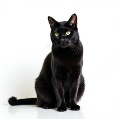 Elegant Black Cat with Piercing Yellow Eyes on White Background