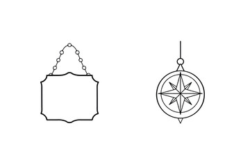 Decorative Hanging Sign And Compass Line Art Illustration On White Background