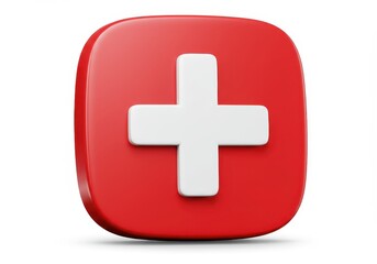 Red rounded square with a white plus sign in the center, representing health or medical services