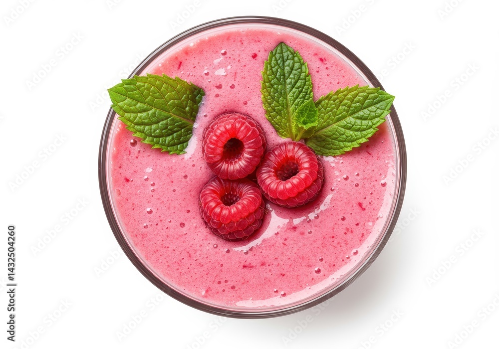 Aufkleber top view of a raspberry smoothie garnished with fresh mint leaves and three ripe raspberries in a gl