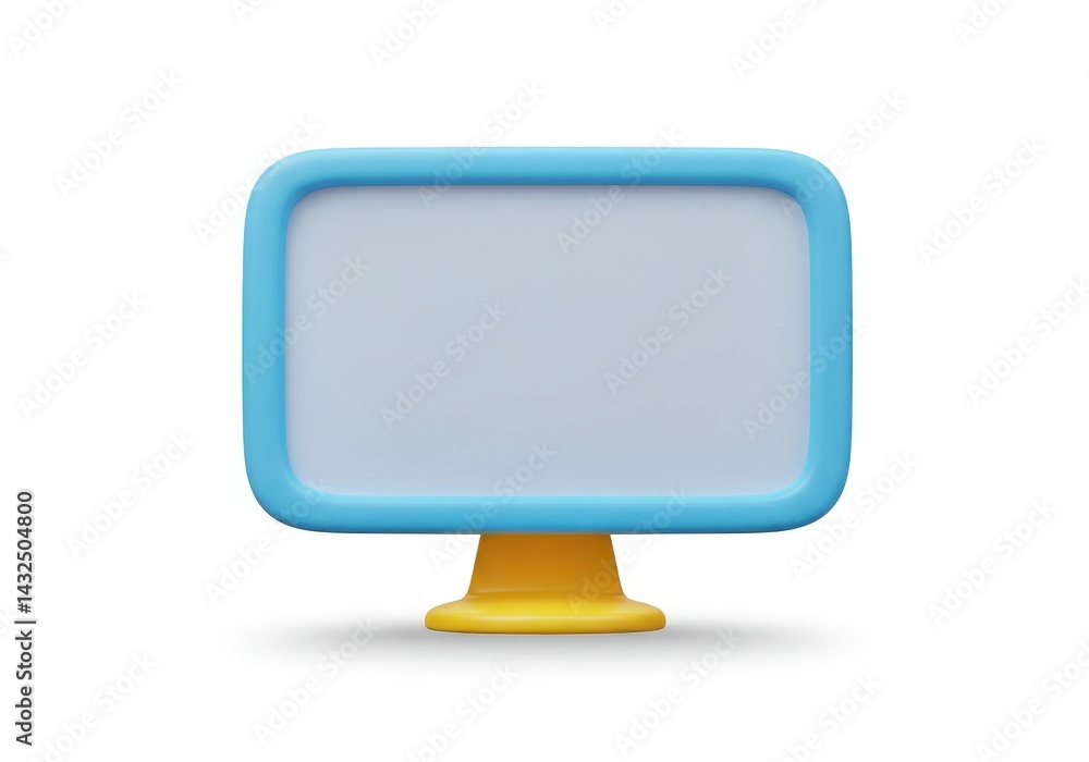 Poster a 3d rendering of a blank monitor screen with a blue border and yellow stand on a white background