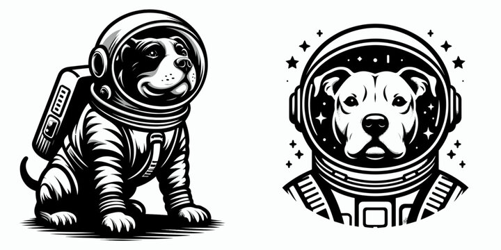 Pittbulls Dog in astronaut costume. Funny Animal Vector Clip art. Canine space attire pitbull breed rover photo orbit.