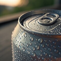 Close-up of a beverage can with water droplets on the surface, macro photography