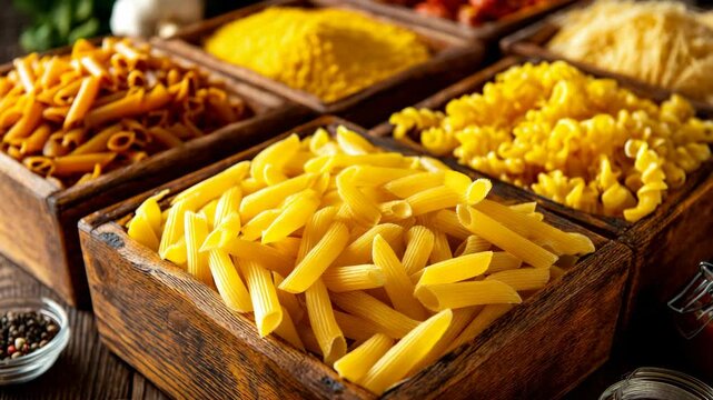 Assortment of dried pasta varieties in wooden boxes on a rustic wooden surface, showcasing culinary ingredients, gastronomy, and Italian cuisine.