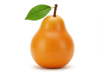 A single orange pear with a green leaf and stem is centered on a white background
