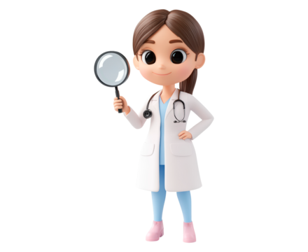 Cartoon character of a female doctor holding a magnifying glass isolated on transparent background